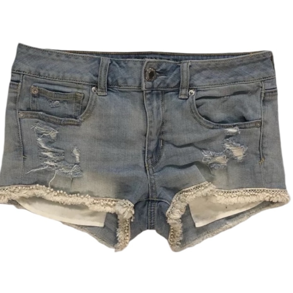 AEO Jean Shorts Shortie Size 6 Stretch Distressed Fringe Pom Poms